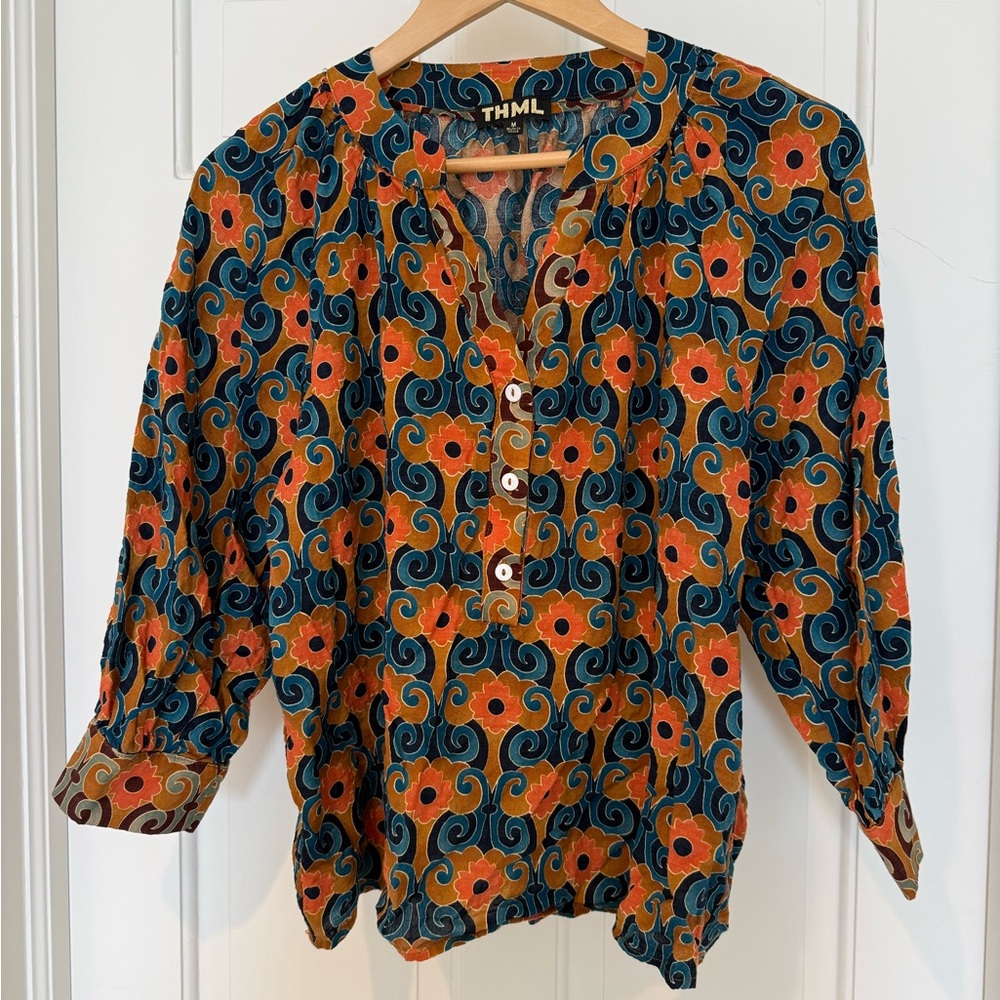 THML Women's Vibrant Floral Blouse - Orange and Blue